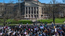 FRANKFORT, KY - MARCH 29: People, many of whom are adolescents, gather during a rally to protest the passing of SB 150 on March 29, 2023 at the Kentucky State Capitol in Frankfort, Kentucky. SB 150, which was proposed by State Senator Max Wise (R-KY), is criticized by many as a "Don't Say Gay" bill and was vetoed by Kentucky Governor Andy Beshear during the General Assembly. Lawmakers may override this veto, passing the bill into law. (Photo by Jon Cherry/Getty Images)