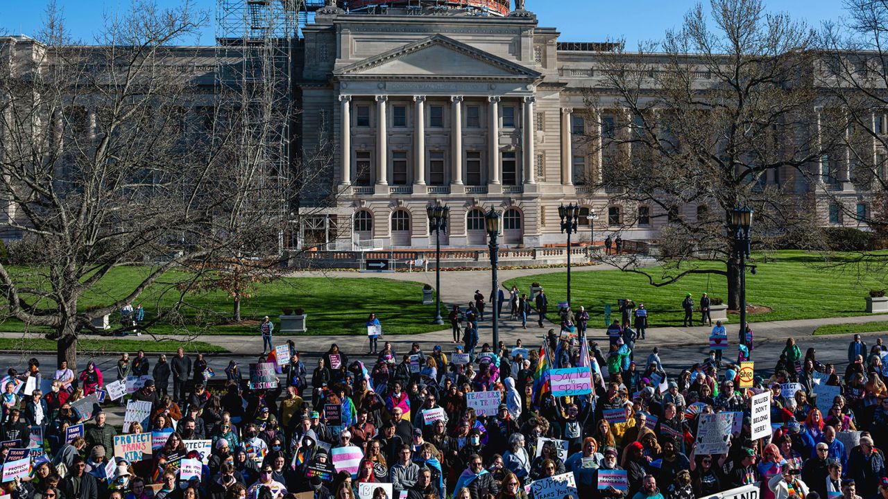 People gather during a rally to protest the passing of SB 150 on March 29, 2023 at the Kentucky State Capitol in Frankfort, Kentucky. 