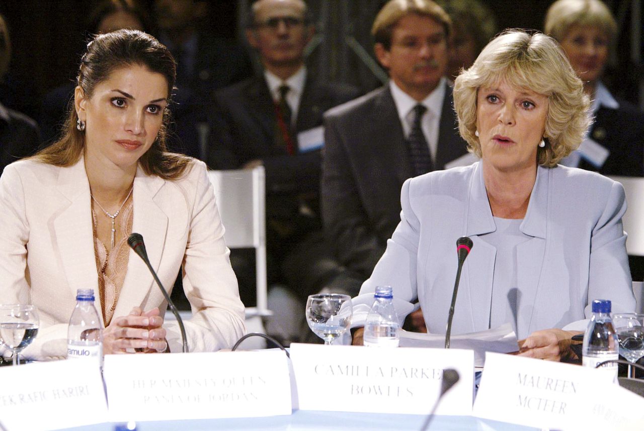 Camilla and Jordan's Queen Rania attend an International Osteoporosis Foundation Conference in Lisbon, Portugal, in May 2002.