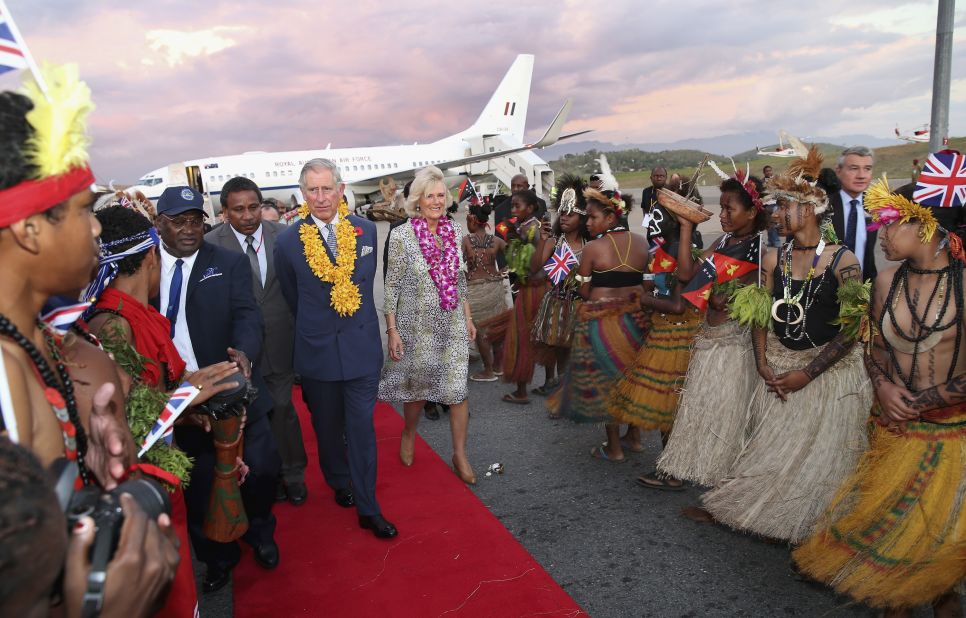 Charles and Camilla arrive in Port Moresby, Papua New Guinea, as part of a Diamond Jubilee tour in November 2012.