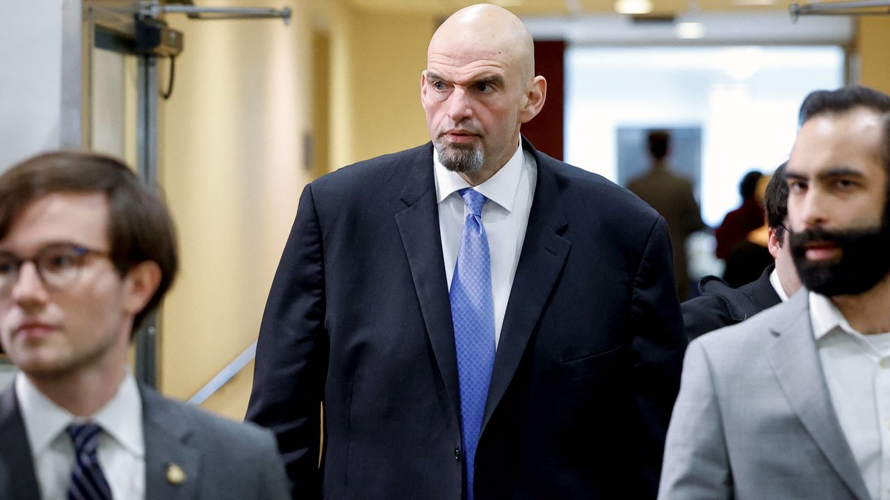 Senator John Fetterman leaves a classified briefing for Senators about the latest unknown objects shot down by the military, on Capitol Hill in Washington, DC, February 14, 2023.