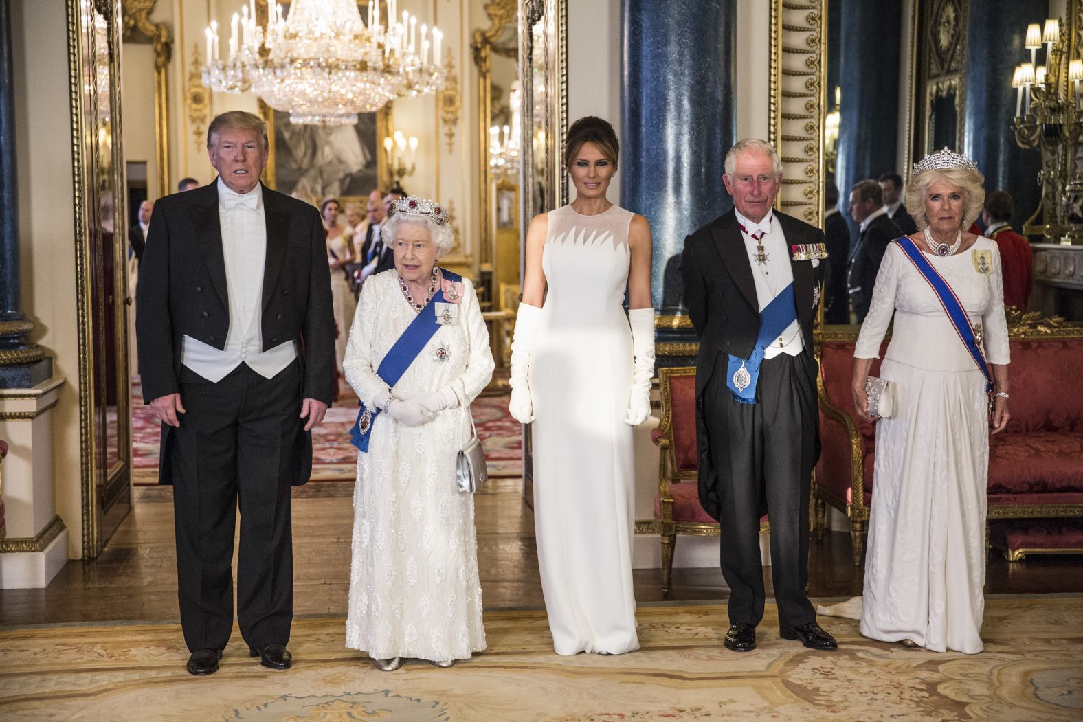 Camilla, Charles and Queen Elizabeth II welcome US President Donald Trump and first lady Melania Trump for a state banquet at Buckingham Palace in June 2019.