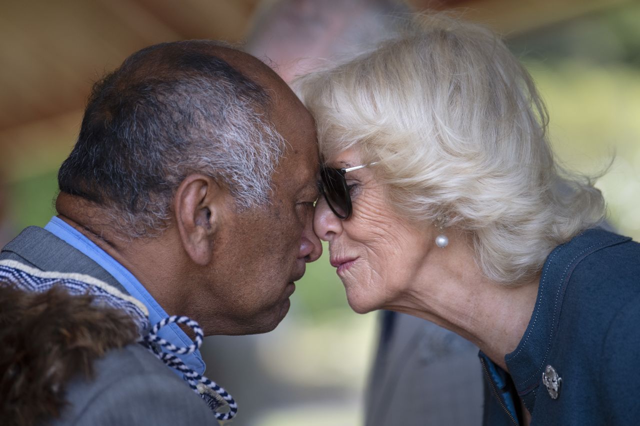 Camilla receives the Hongi, a traditional Maori welcome, while she and Prince Charles visited Waitangi, New Zealand, in November 2019.