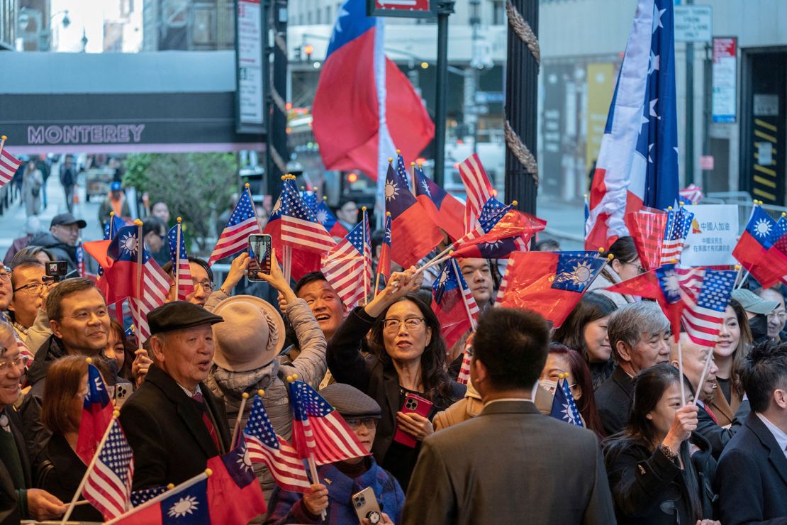 Supporters gather while Taiwan's President Tsai Ing-wen arrives at the Lotte Hotel in Manhattan in New York City on March 29, 2023. 