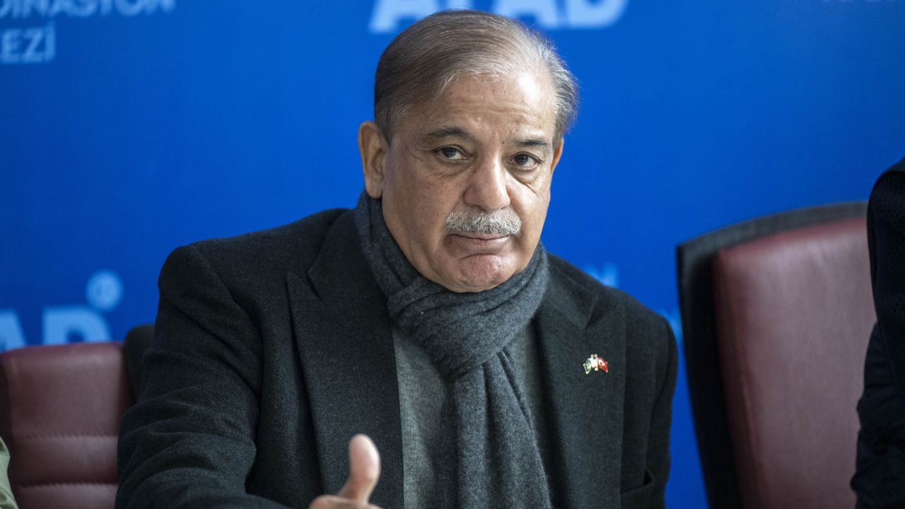 Pakistani Prime Minister Shahbaz Sharif gives a news conference in February, 2023.