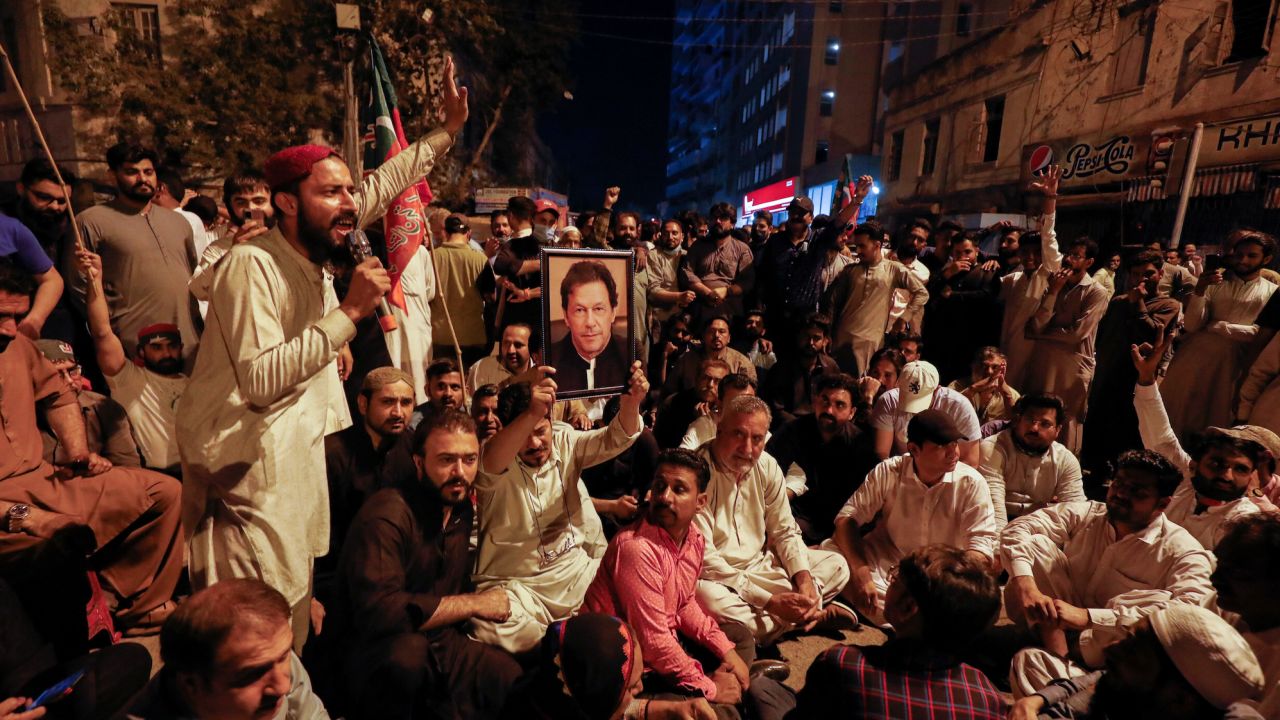 Supporters of Imran Khan chant slogans as they protest in Lahore, Pakistan, March 14.