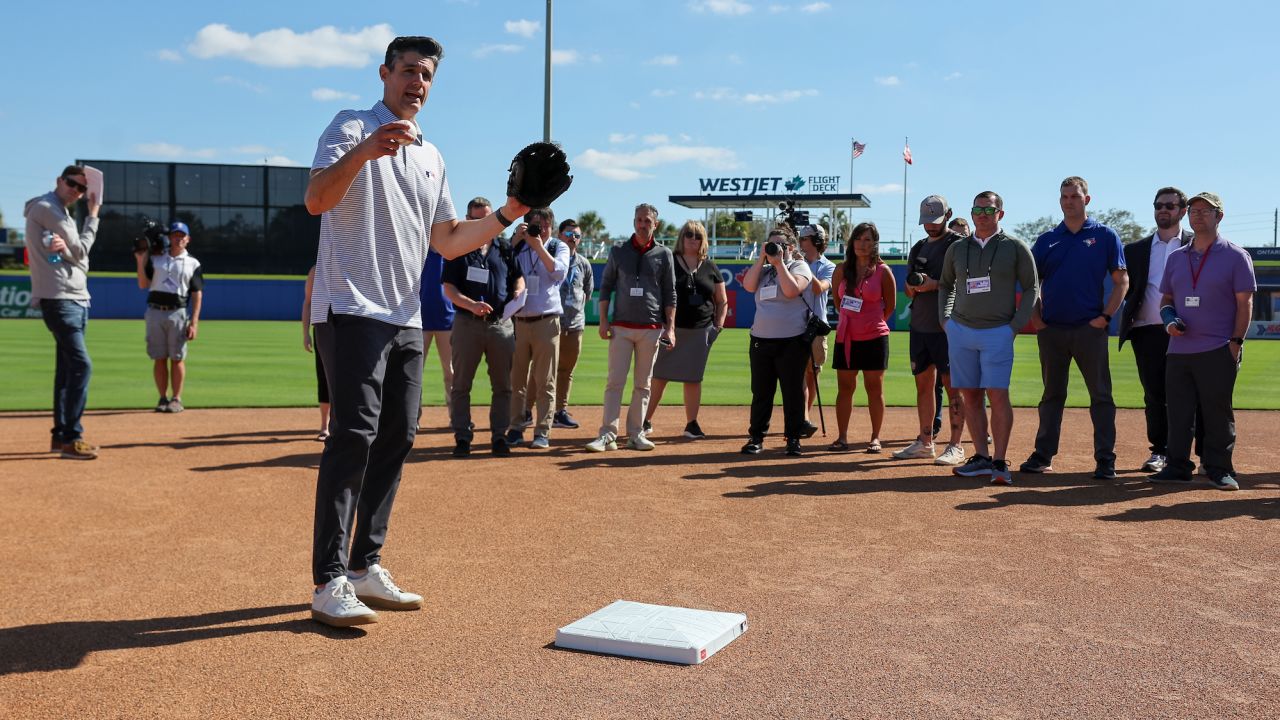 Joe Martinez, Vice President of On-Field Strategy for Major League Baseball explains new rule changes to assembled media during the On-Field Rules Demonstration at TD Ballpark.