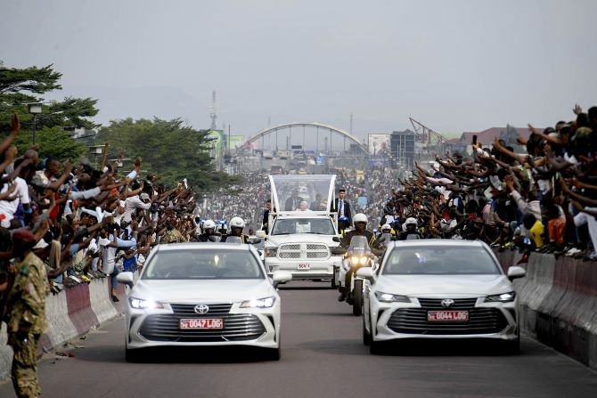 The Pope leaves Ndjili International Airport to attend a meeting in Kinshasa, Democratic Republic of Congo, in January 2023. <a href="index.php?page=&url=https%3A%2F%2Fwww.cnn.com%2F2023%2F02%2F01%2Fafrica%2Fpope-francis-drc-kinshasa-mass-intl%2Findex.html" target="_blank">Francis' visit to the DRC</a> — the first papal visit since 1985 — was part of a six-day trip that also included South Sudan. In those two countries, Catholics comprise about half of the population and the Church is a key stakeholder in health and education systems as well as in democracy-building efforts. 