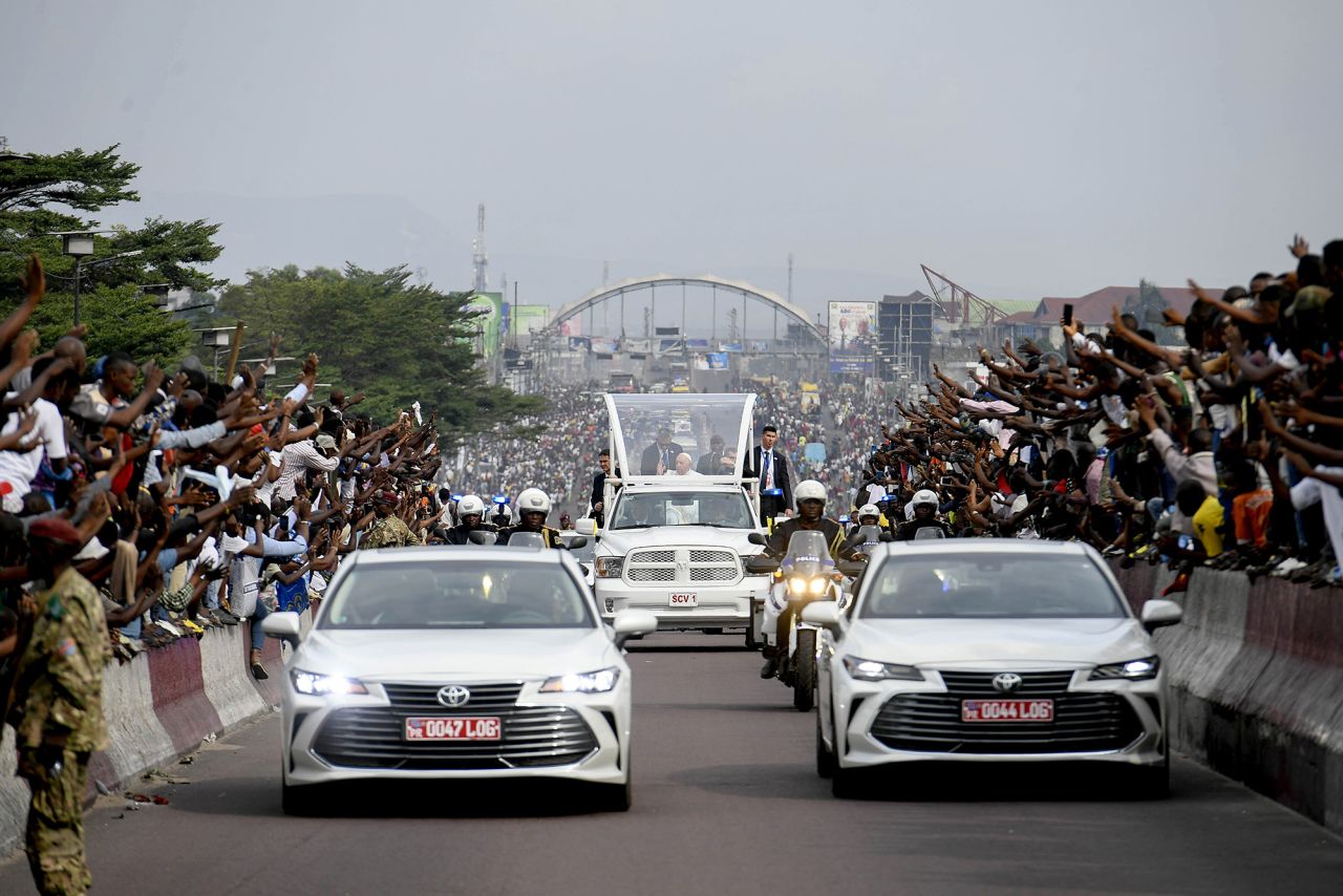 The Pope leaves Ndjili International Airport to attend a meeting in Kinshasa, Democratic Republic of Congo, in January 2023. <a href="https://www.cnn.com/2023/02/01/africa/pope-francis-drc-kinshasa-mass-intl/index.html" target="_blank">Francis' visit to the DRC</a> — the first papal visit since 1985 — was part of a six-day trip that also included South Sudan. In those two countries, Catholics comprise about half of the population and the Church is a key stakeholder in health and education systems as well as in democracy-building efforts. 