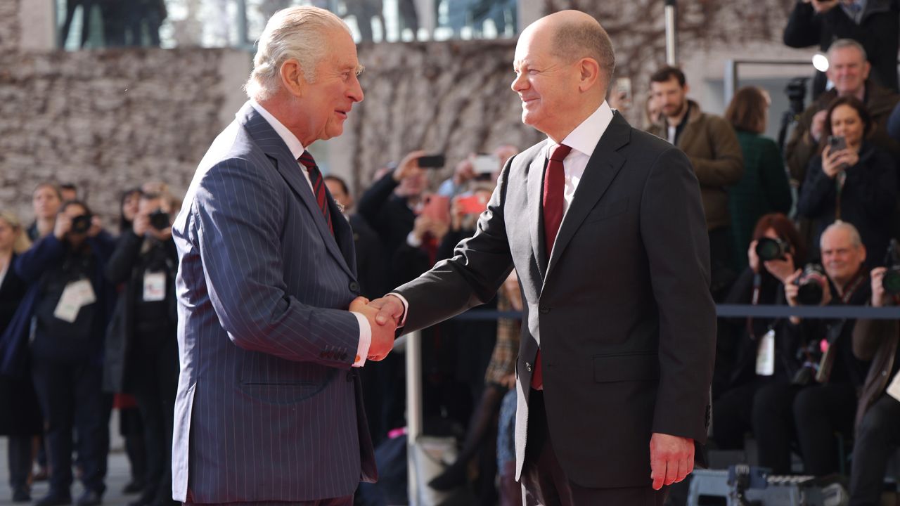 King Charles III is welcomed by German Chancellor Olaf Scholz at the Chancellery on Thursday in Berlin, Germany. 