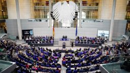 30 March 2023, Berlin: King Charles III of Great Britain (M) speaks in the Bundestag on the second day of his trip to Germany. Before his coronation in May 2023, the British king and his royal wife will visit Germany for three days. Photo: Kay Nietfeld/dpa (Photo by Kay Nietfeld/picture alliance via Getty Images)