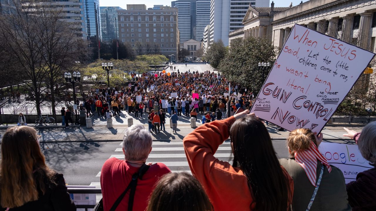 Protesters gather near the Tennessee State Capitol to call for an end to gun violence and support stronger gun laws on March 30, 2023 in Nashville, Tennessee.