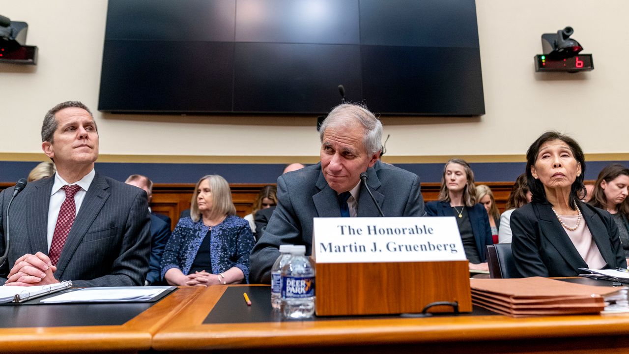 From left, Federal Reserve Board of Governors Vice Chair for Supervision Michael Barr, Federal Deposit Insurance Corporation Board of Directors Chairman Martin Gruenberg, and Treasury Department Under Secretary for Domestic Finance Nellie Liang, appear at a House Financial Services Committee hearing on recent bank failures, on Capitol Hill, Wednesday, March 29, in Washington. 