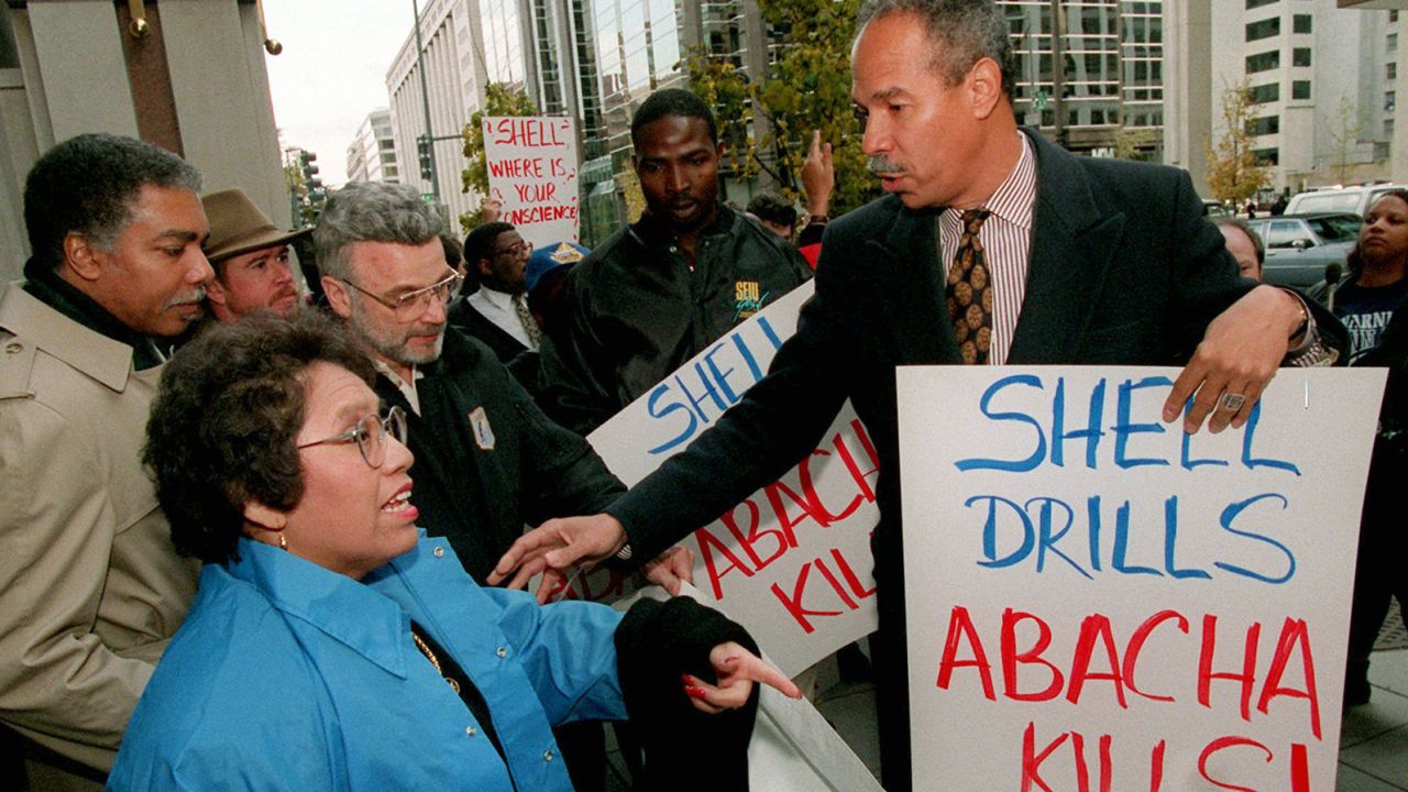 Randall Robinson  during a rally outside the Washington offices of the Shell Oil Company in 1995.