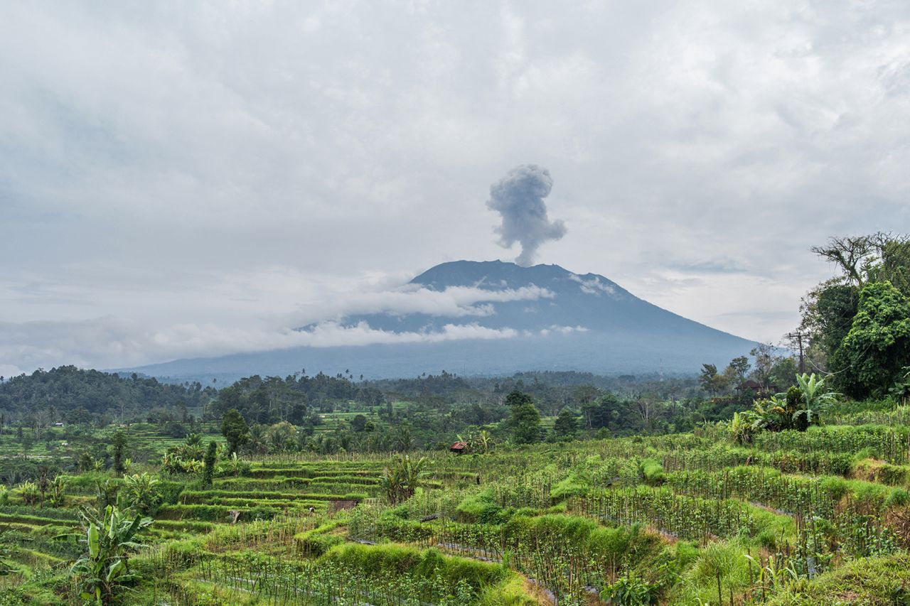 Mount Agung pictured near rice paddy fields in Bali, Indonesia.