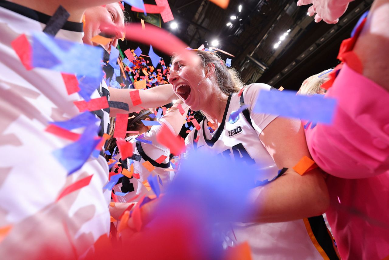 Iowa basketball player Kate Martin celebrates Sunday, March 26, after the Hawkeyes defeated Louisville<a href="https://www.cnn.com/2023/03/27/sport/caitlin-clark-march-madness-final-four-spt-intl/index.html" target="_blank"> to advance to the Final Four</a>.