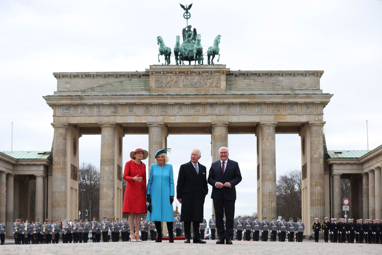 Britain's King Charles III and Camilla, the Queen Consort, are flanked by German President Frank-Walter Steinmeier and his wife, Elke Budenbender, during a welcoming ceremony in Berlin on Wednesday, March 29. It marked the start of <a href="https://www.cnn.com/2023/03/29/europe/gallery/king-charles-visits-germany/index.html" target="_blank">Charles' first overseas state visit as monarch</a>, and it was the first time a head of state had been officially welcomed at Berlin's Brandenburg Gate rather than the official residence of the German president.