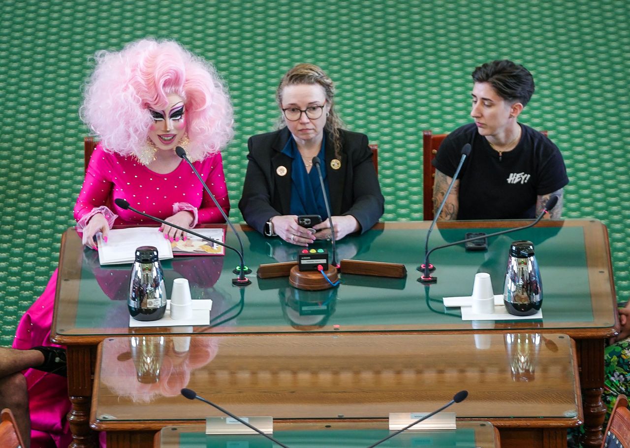 Drag queen Brigitte Bandit, left, testifies against an anti-drag show bill in Austin, Texas, on Thursday, March 23. Texas is one of the Republican-led states that are considering legislation to <a href="https://www.cnn.com/2023/02/05/politics/drag-show-legislation/index.html" target="_blank">restrict or prohibit drag show performances in the presence of children</a>.