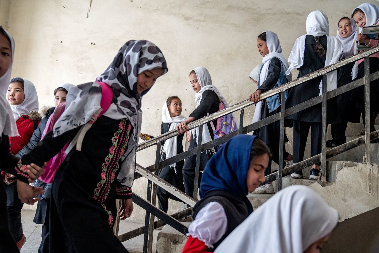 Girls attend the first day of school in Kabul, Afghanistan, on Saturday, March 25. But high school remained closed for girls for the second year since the Taliban returned to power.