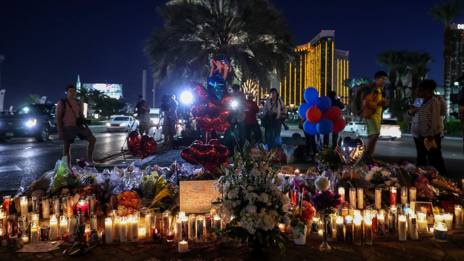 A makeshift memorial grew along the Las Vegas Strip for the victims of a mass shooting on October 5, 2017.