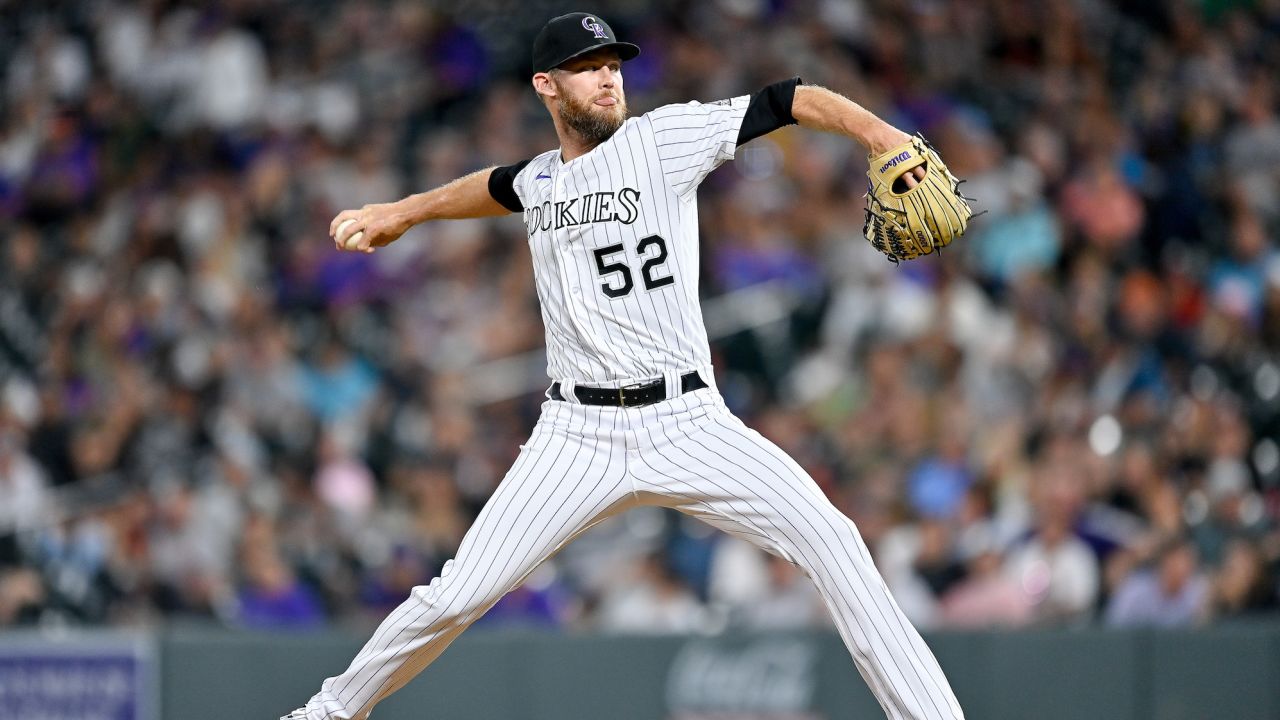 DENVER, CO - AUGUST 19: Daniel Bard #52 of the Colorado Rockies pitches against the San Francisco Giants in the ninth inning of a game at Coors Field on August 19, 2022 in Denver, Colorado. (Photo by Dustin Bradford/Getty Images)
