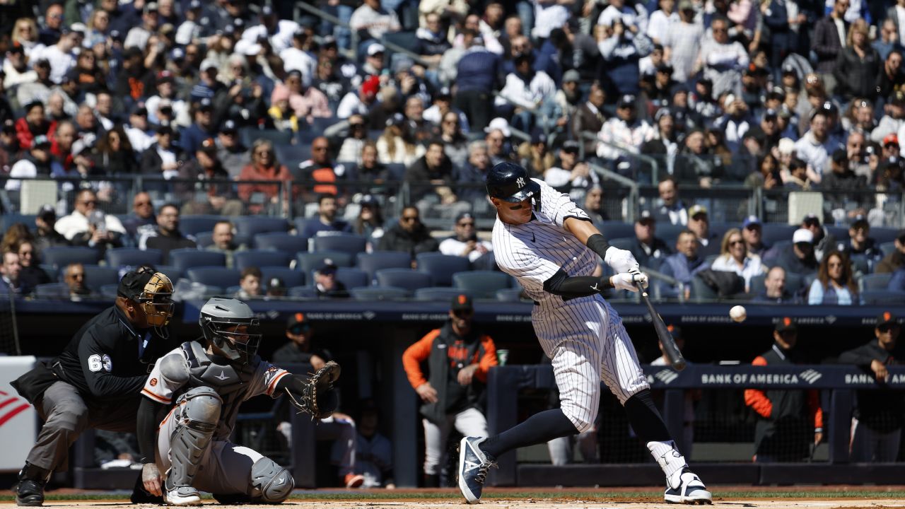 NEW YORK, NY - MARCH 30: Aaron Judge #99 of the New York Yankees hits a home run during the first inning against the San Francisco Giants on Opening Day at Yankee Stadium on March 30, 2023, in New York, New York. (Photo by New York Yankees/Getty Images)