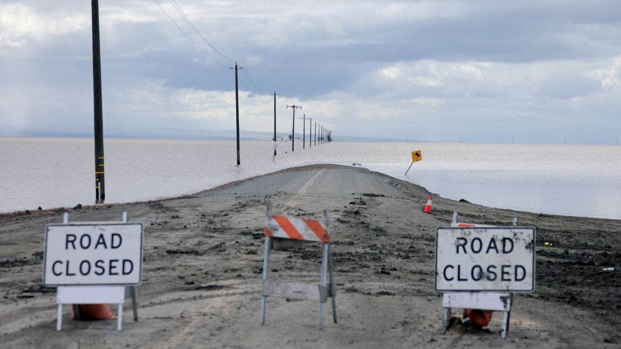 Water fills the Tulare Lakebed after days of heavy rain in Corcoran, California, on March 29, 2023. 