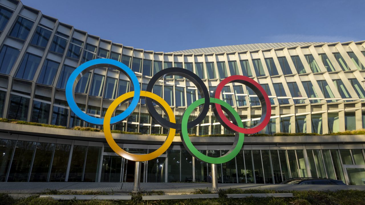 A view of the Olympic Rings in front of the Olympic House, headquarters of the International Olympic Committee (IOC), during the IOC Executive Board in Lausanne, Switzerland, on March 28, 2023.