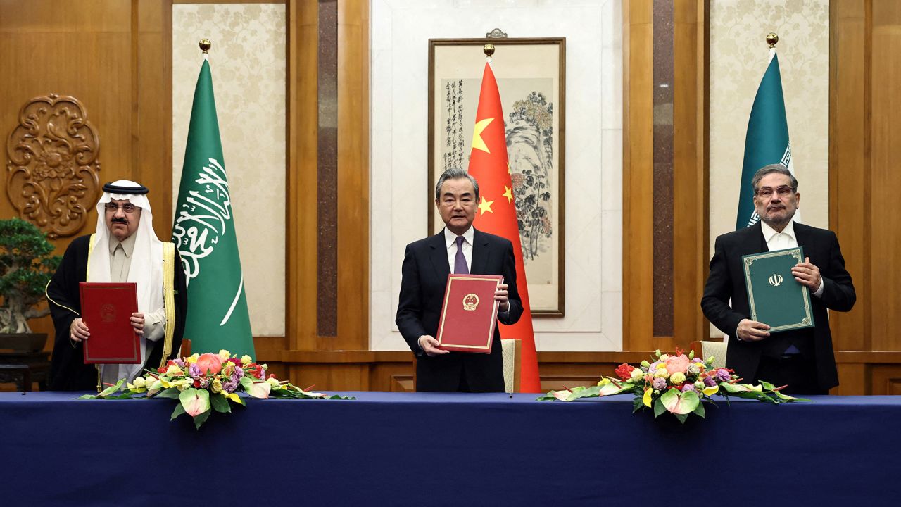 Top Chinese diplomat Wang Yi attends a meeting with Secretary of Iran's Supreme National Security Council Ali Shamkhani and Minister of State and national security adviser of Saudi Arabia Musaad bin Mohammed Al Aiban in Beijing on March 10. 