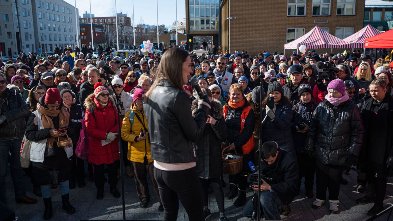 Sanna Marin addresses supporters during her elections rally in Vantaa, Finland, on March 31, 2023. 
