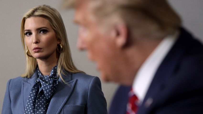 President Donald Trump speaks as his daughter and senior adviser Ivanka Trump looks on during a news briefing on the latest development of the coronavirus outbreak in the U.S. at the James Brady Press Briefing Room at the White House March 20, 2020 in Washington, DC.