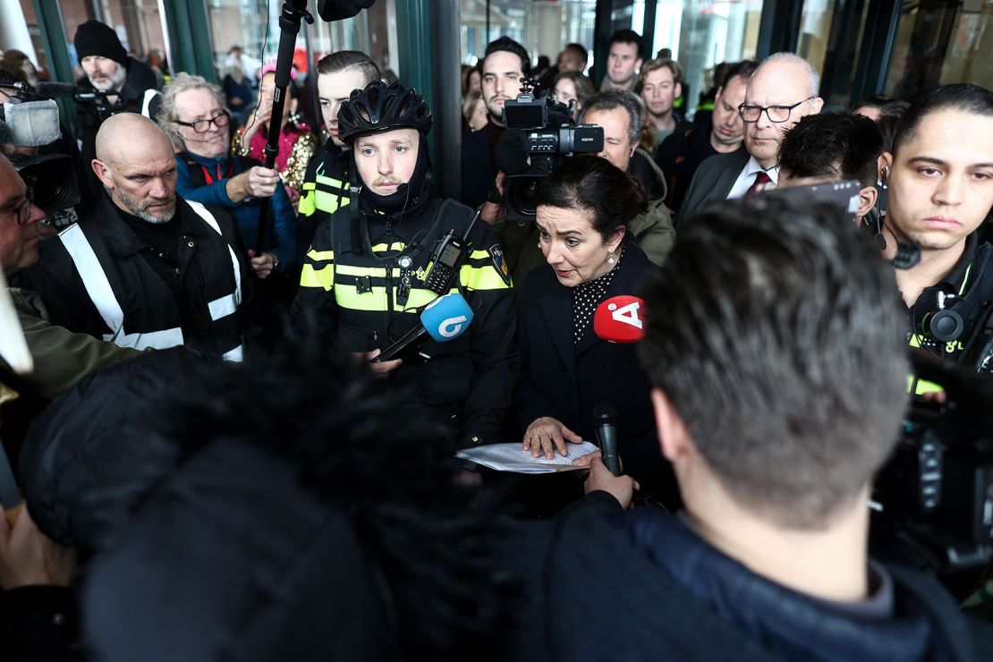 Amsterdam Mayor Femke Halsema speaks to protesters during a demonstration of sex workers in Amsterdam on March 30.
