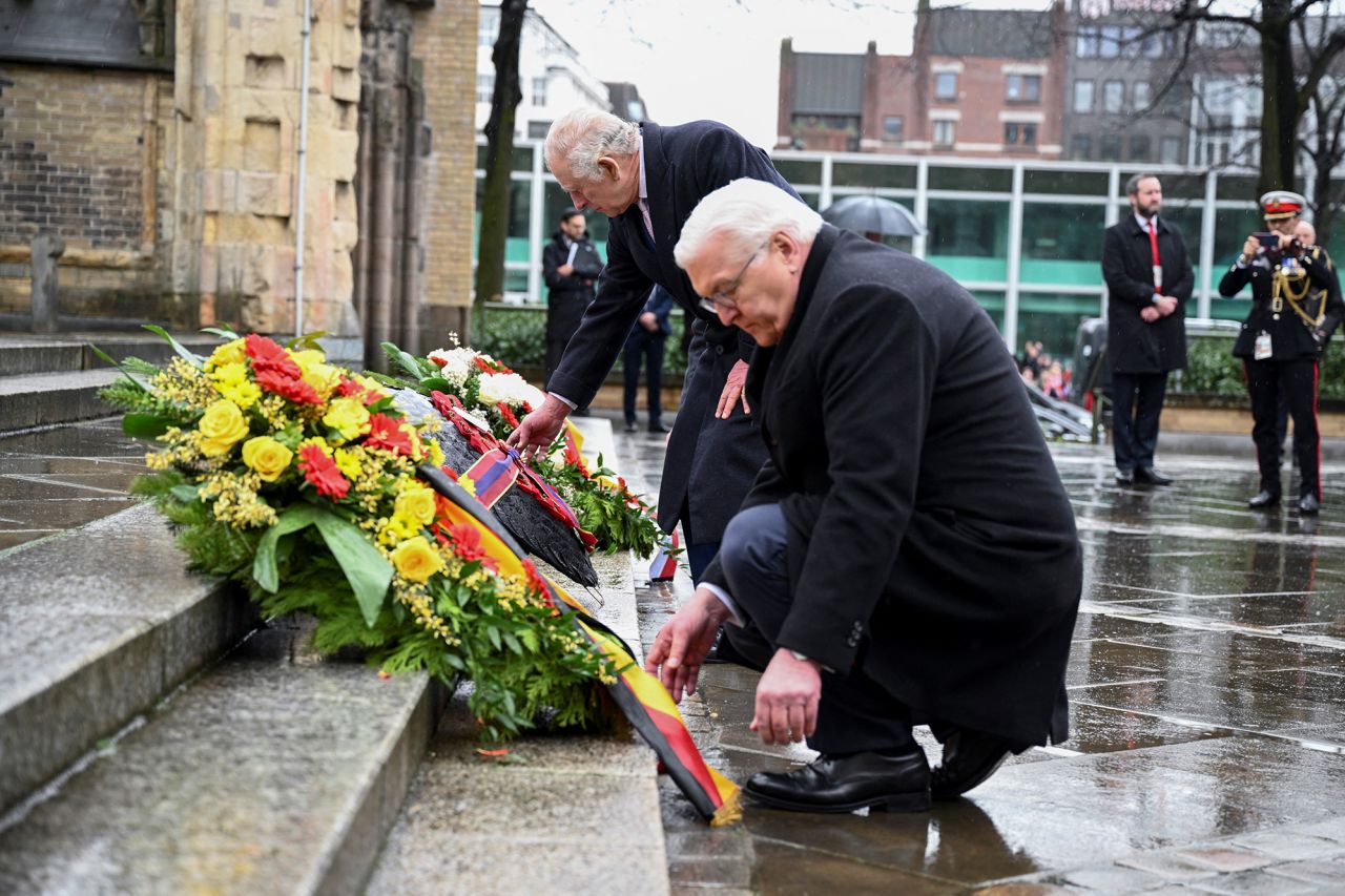 The King and Steinmeier lay wreaths at a Hamburg church memorial dedicated to the victims of allied bombings during World War II.