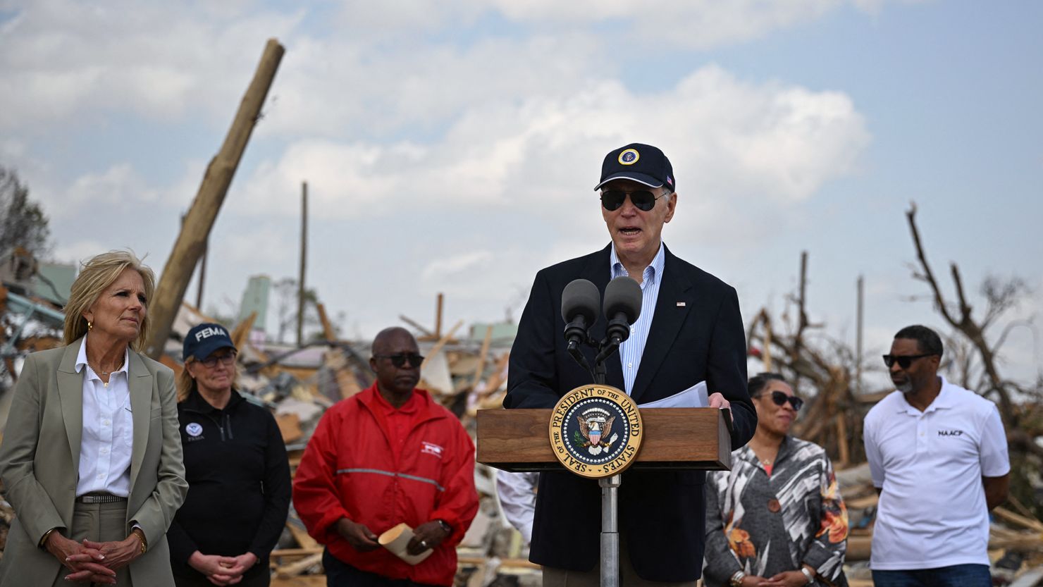 President Joe Biden speaks during a press conference in a storm-stricken area of Rolling Fork, Mississippi, on March 31, 2023.