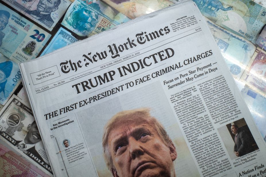 News of Trump's indictment is seen on the front page of The New York Times on March 31.