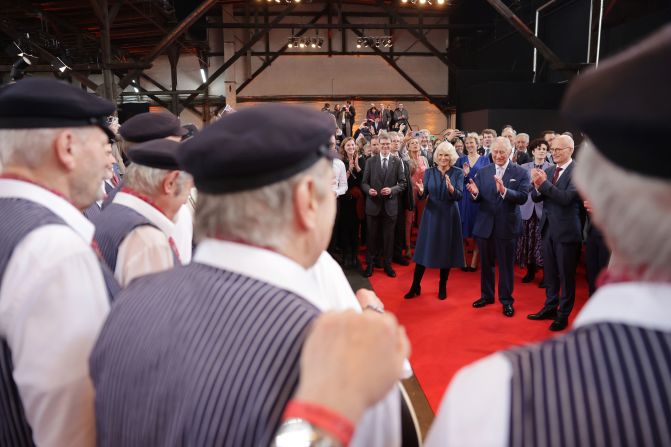 Britain's King Charles III and his wife Camilla, the Queen Consort, attend a reception in Hamburg, Germany, on Friday, March 31. Hamburg was the last stop on their visit to Germany.