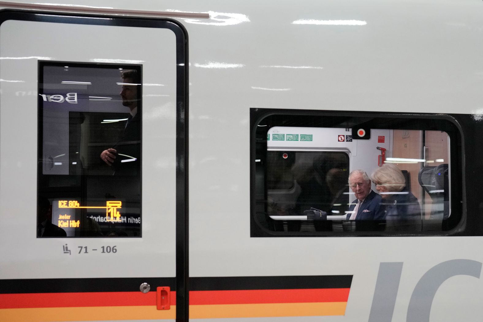 The King and Queen Consort board a train headed from Berlin to Hamburg on Friday.