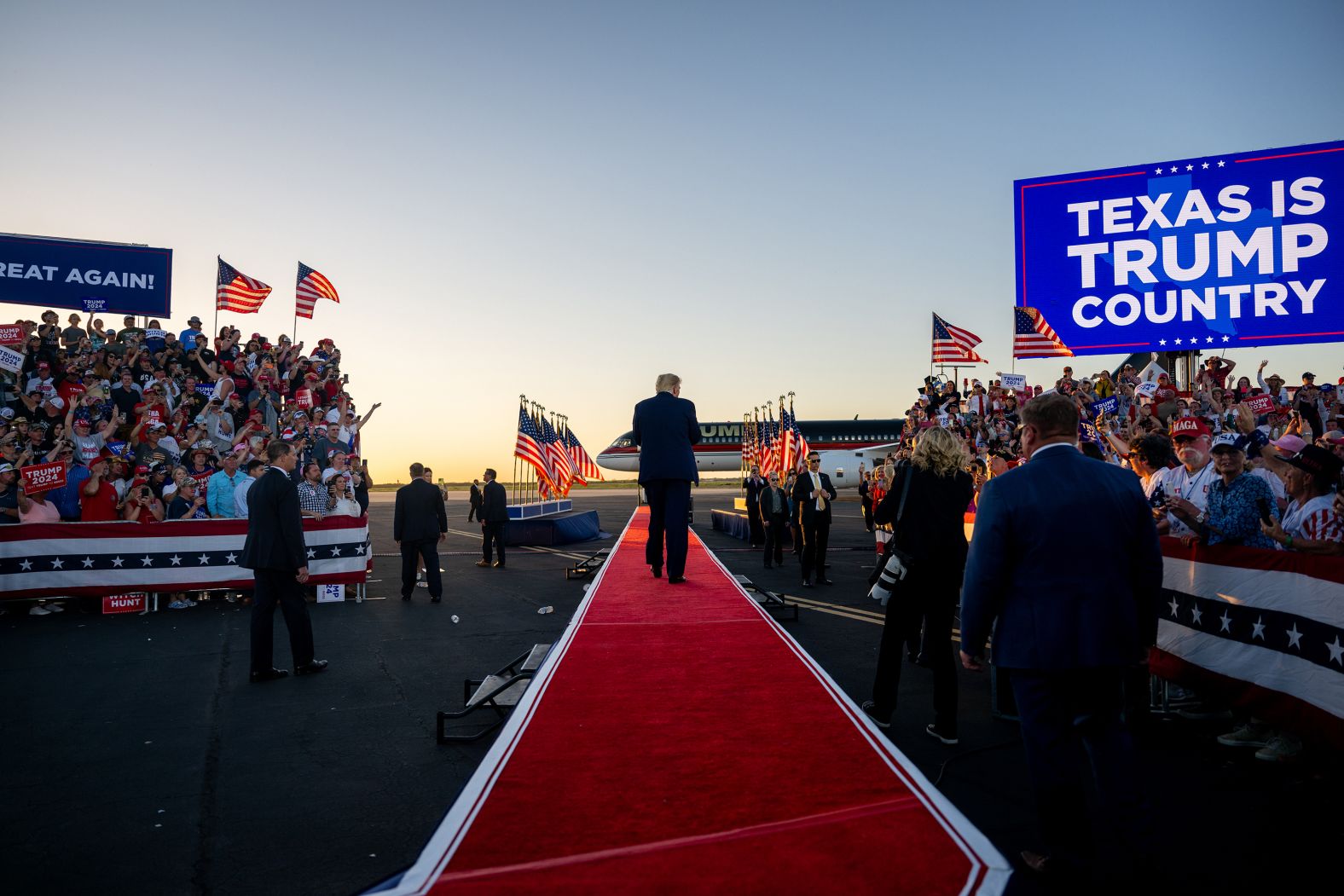 Trump leaves after speaking at his rally in Waco on March 25. Trump, who is running for president again, <a href="https://www.cnn.com/2023/03/25/politics/texas-trump-2024-rally/index.html" target="_blank">railed against what he called "prosecutorial misconduct"</a> and denied any wrongdoing amid investigations in New York, Georgia and Washington, DC.