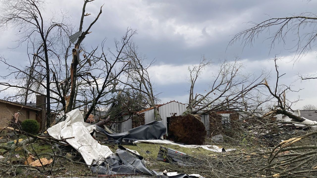 A home is seen damaged and trees downed after the Little Rock tornado on March 31, 2023.
