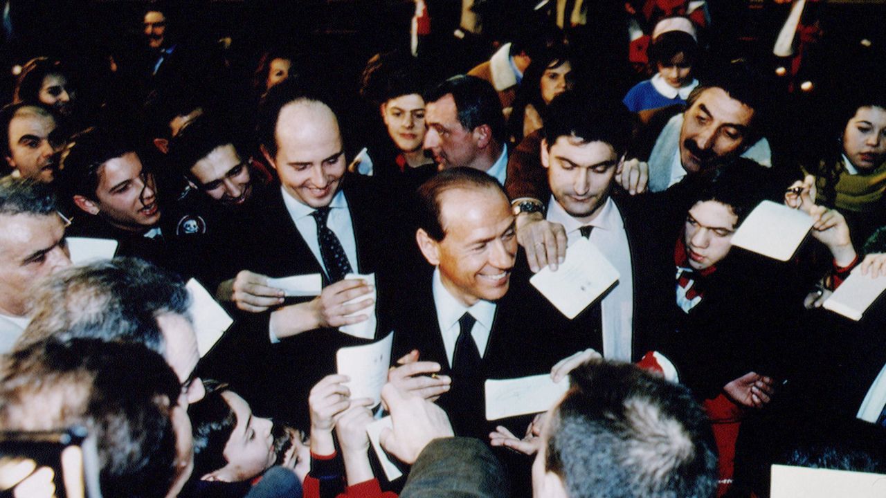 Berlusconi with supporters during a Forza rally in Rome in 1994.