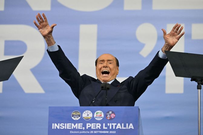 Berlusconi speaks at a rally in September 2022. That month he won a seat in Italy's Senate, representing the northern municipality of Monza.