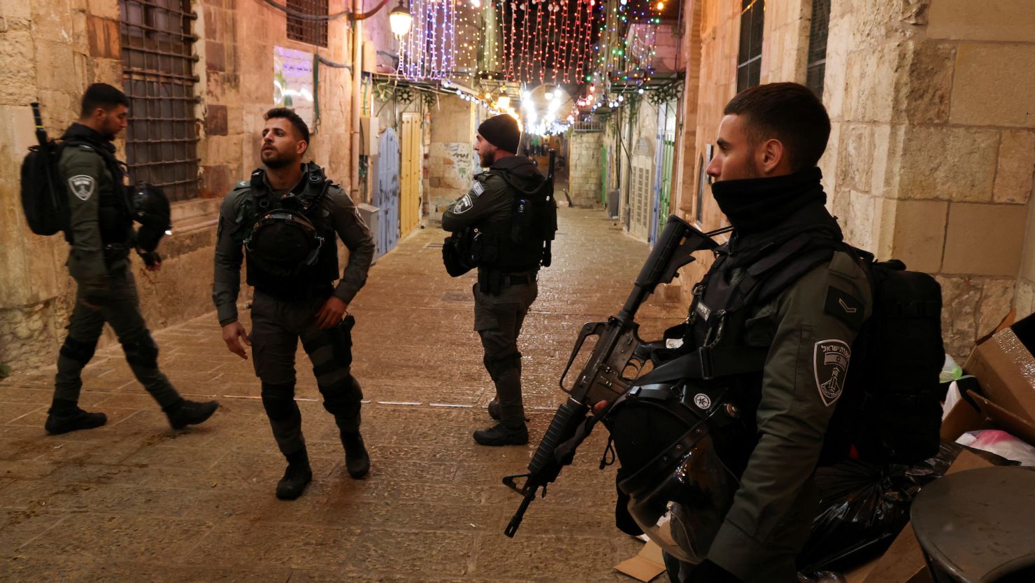 Israeli police stand guard following the fatal shooting of a Palestinian man near the Al-Aqsa compound, known to Jews as the Temple Mount, in Jerusalem's Old City, on April 1, 2023.