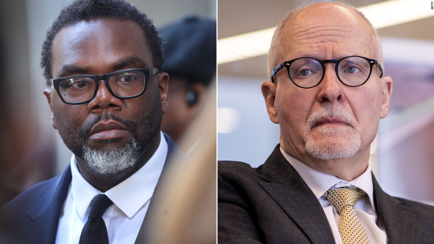 Brandon Johnson, left, and Paul Vallas face off Tuesday in the Chicago mayoral runoff. 