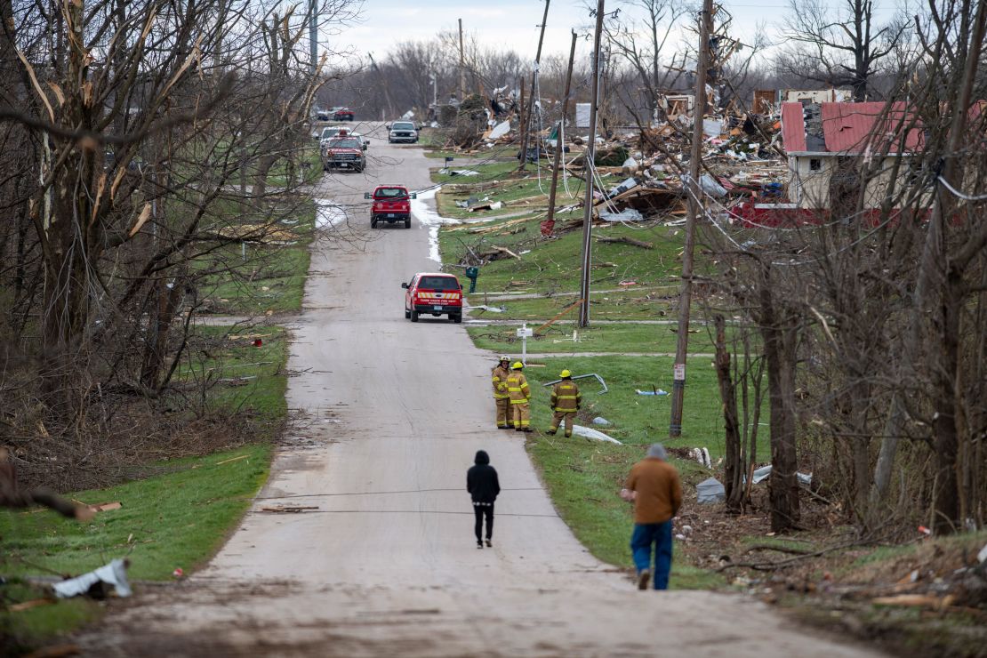 Tornado damage is seen in Sullivan, Indiana, Saturday, April 1, 2023. 