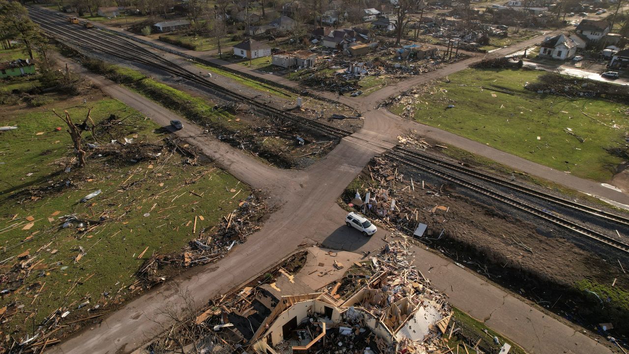 An aerial view of the damage after a tornado hit Wynne, Arkansas, on April 1, 2023.