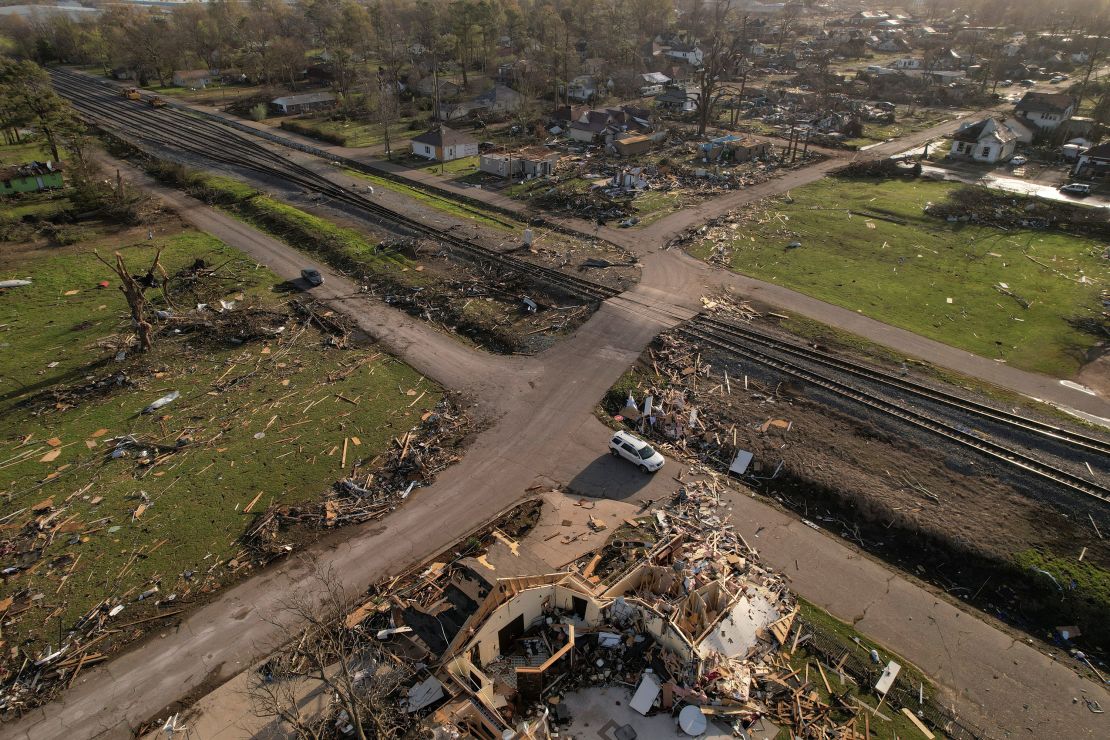 An aerial view of the damage after a tornado hit Wynne, Arkansas, on Saturday, April 1, 2023.