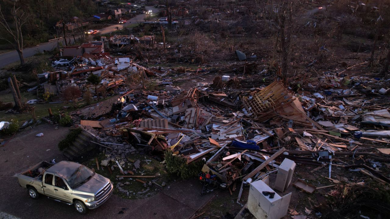 An aerial view of destroyed homes in the aftermath of a tornado in Little Rock, Arkansas, Saturday.