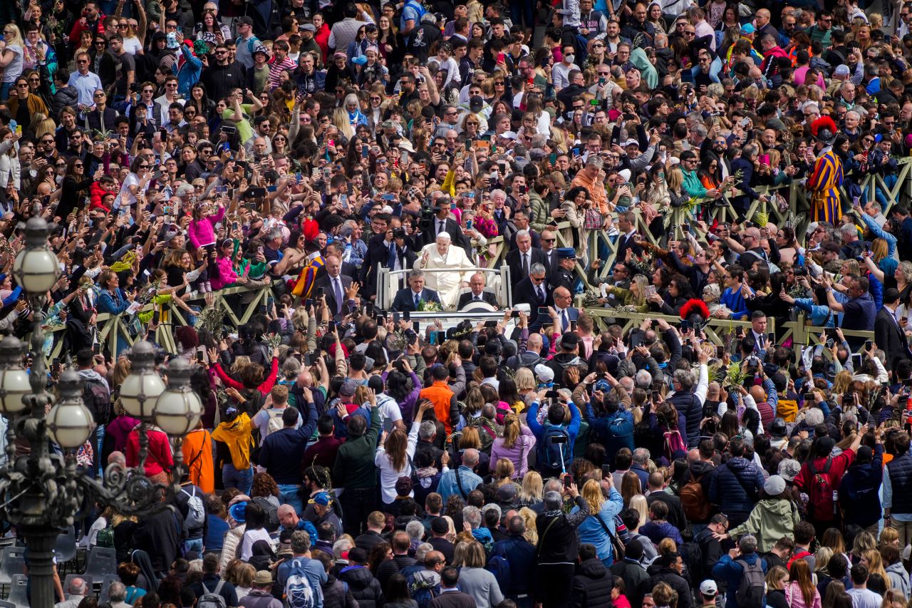 The Pope leaves Palm Sunday Mass at St. Peter's Square in April 2023. It was a day after he was discharged from the hospital, where he was treated for a respiratory infection.