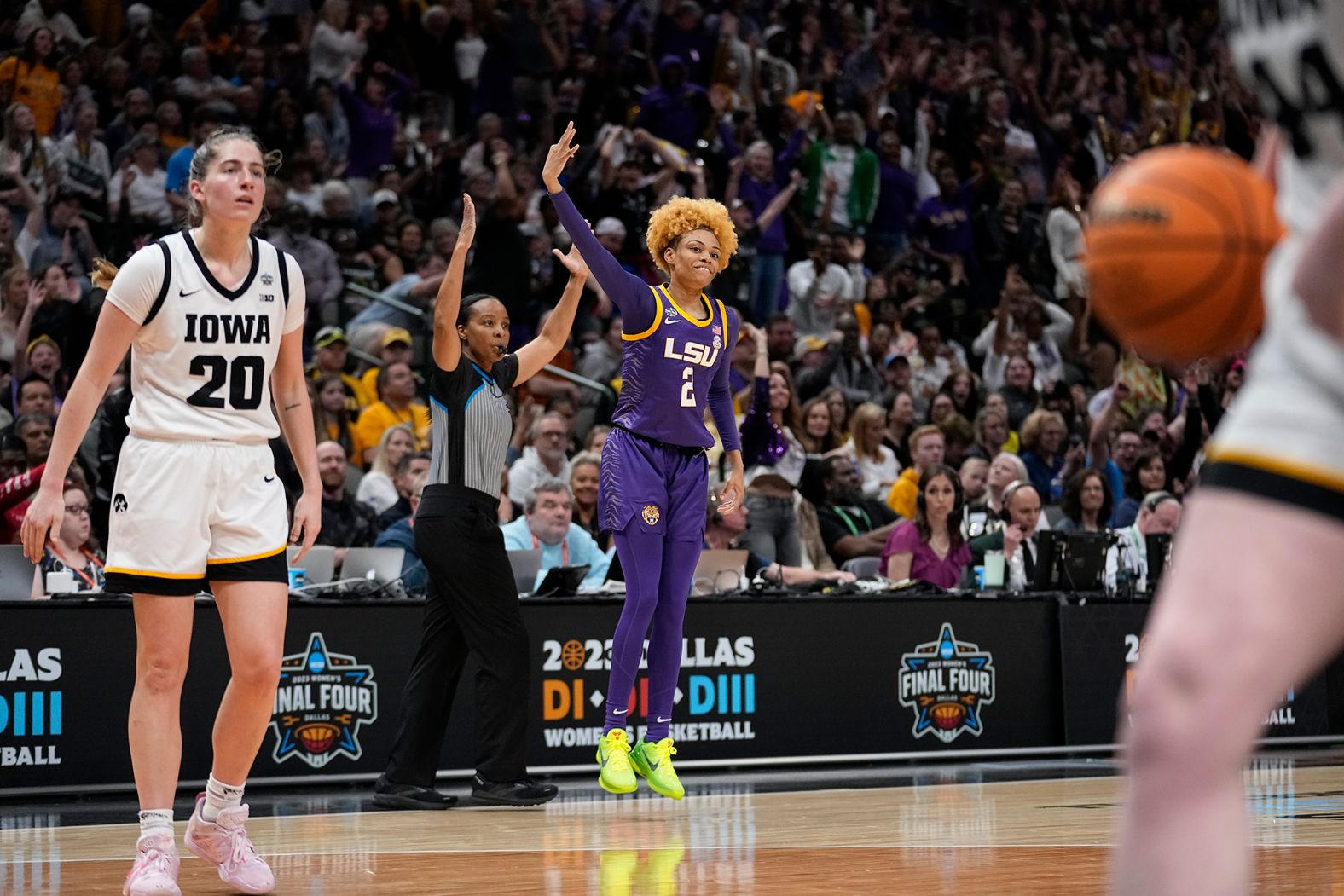 Carson reacts after hitting a 3-pointer in the second quarter. Carson came off the bench to score 21 first-half points, and she was 5-for-5 from behind the 3-point arc.