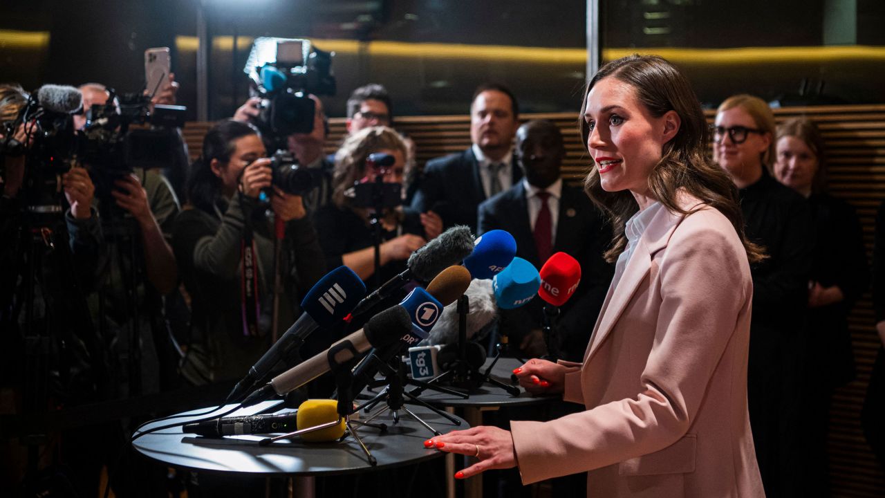 Finnish Prime Minister Sanna Marin speaks to members of the international media following the parliamentary elections.
